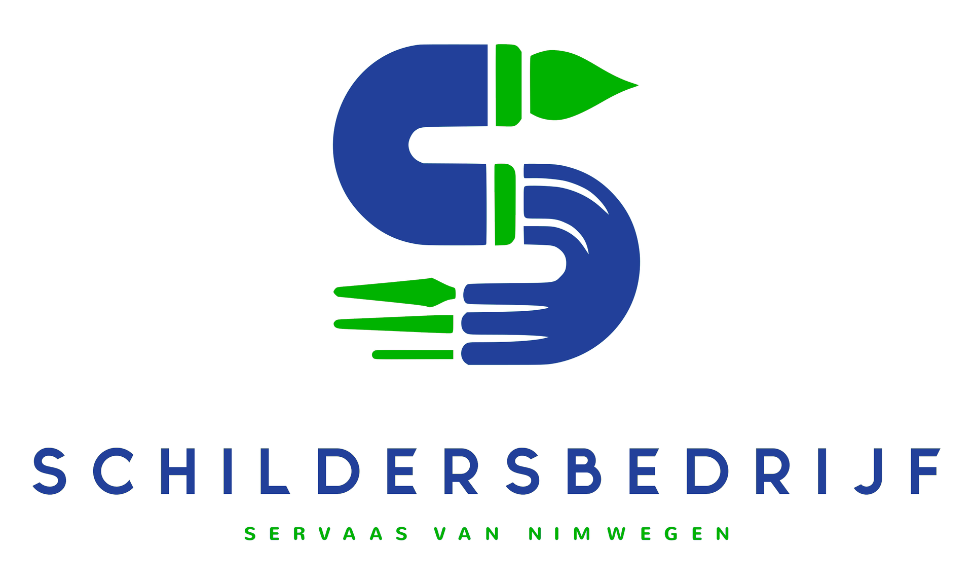 Een gestileerd "S"-logo in blauw en groen, vormgegeven als een penseel en een hand, met de tekst "SCHILDERSBEDRIJF."