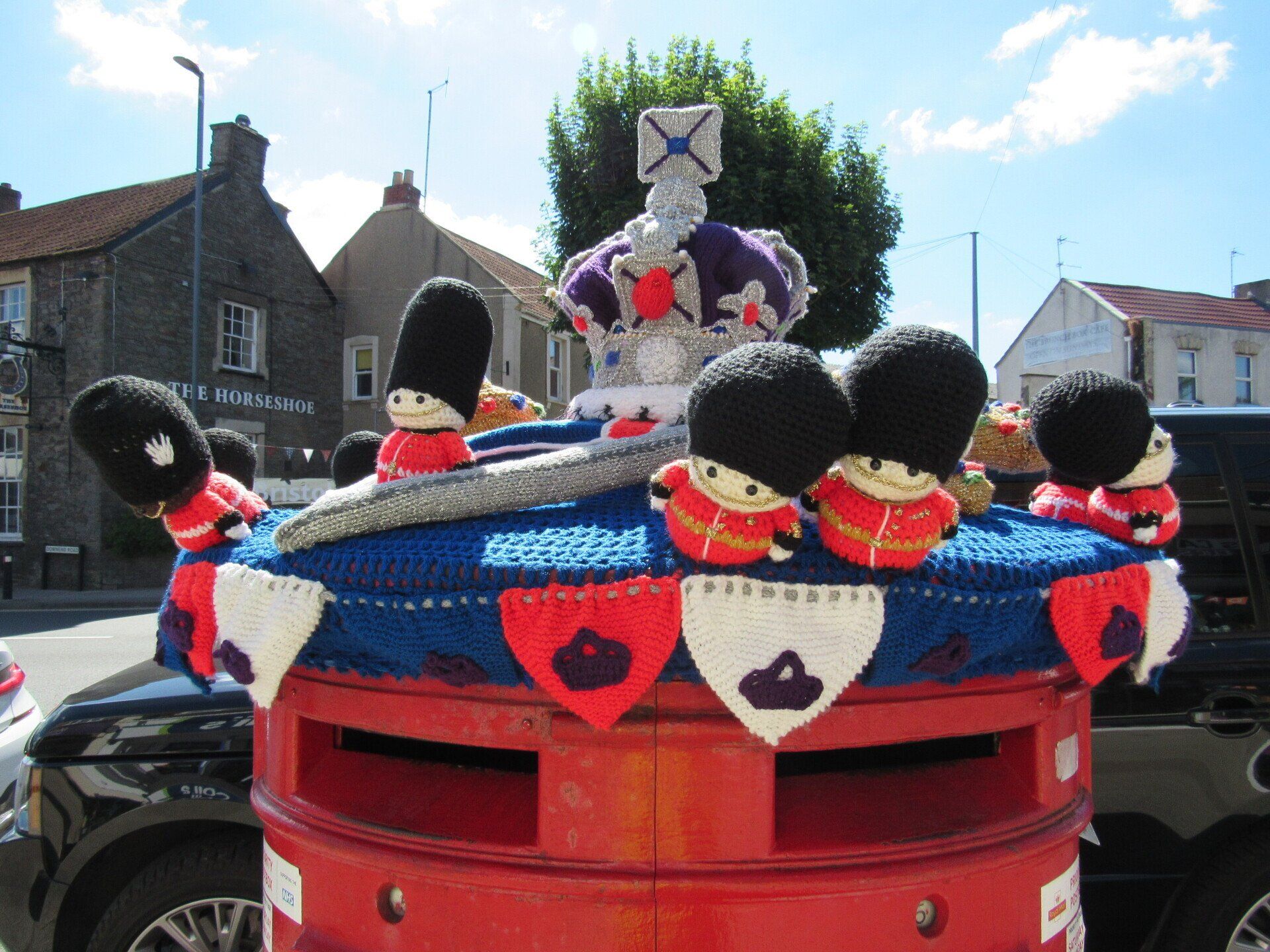 Knitted jubilee topper on Downend post box