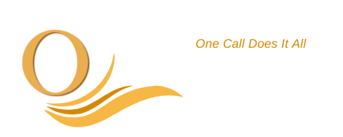 Orange abstract logo with swooshing lines and the text “One Call Does It All”