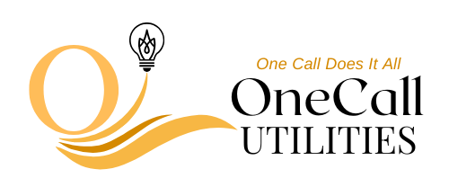 One Call Utilities logo with orange swoosh and light bulb icon, black and orange text