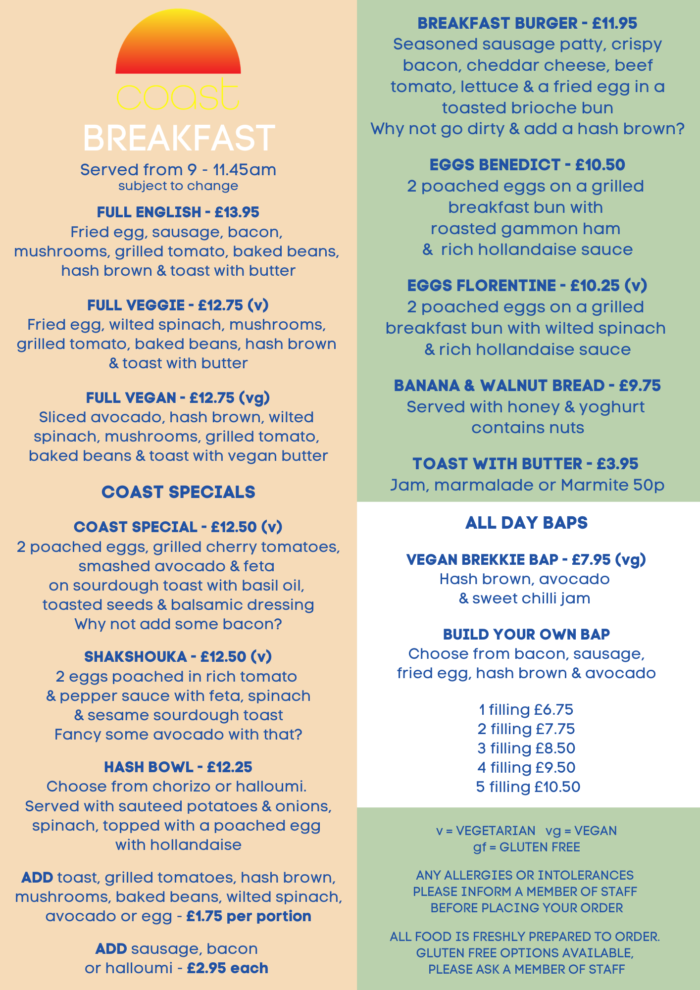 Breakfast Menu for Coast Cafe Worthing