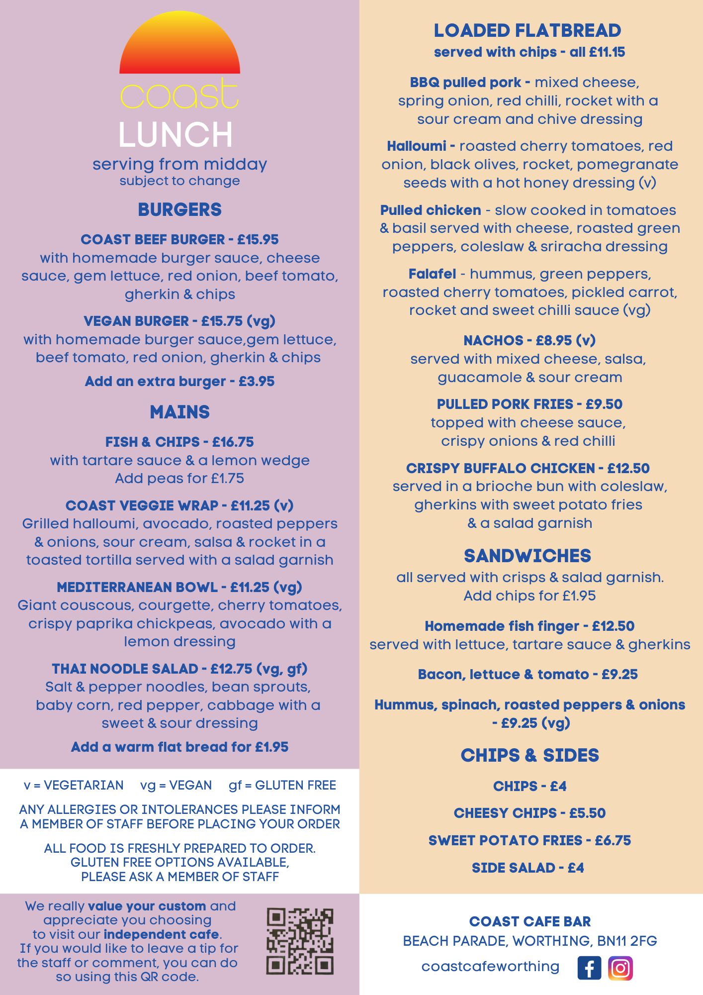Lunch menu for Coast Cafe Worthing