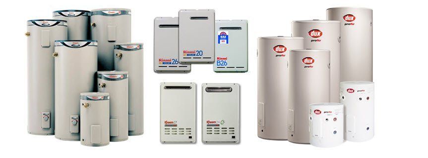 Collage featuring rheem, and dux hot water heaters.