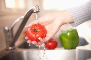 washing food in sink