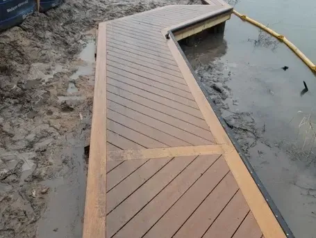 A wooden walkway leading to a body of water