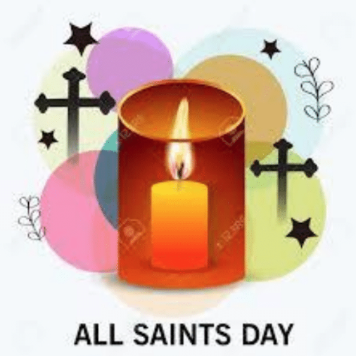 A lit altar candle is glowing in a glass candlestick. In the background are purple, pink, blue, orange, and green circles, as well as two black crosses, three black stars, and one black vine with six leaves.