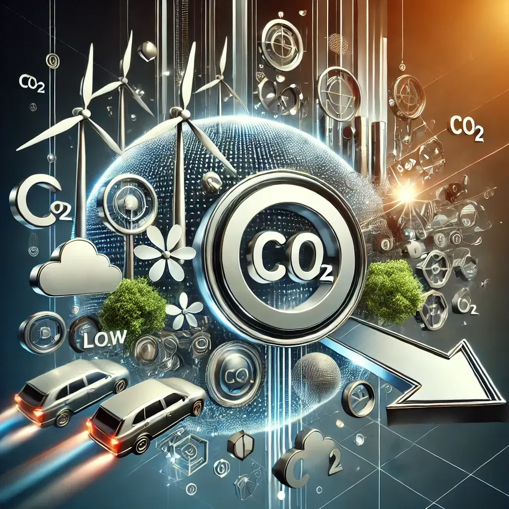 Uma imagem gerada por computador de um globo com uma placa que diz `` co2 '' cercado por turbinas eólicas e carros.