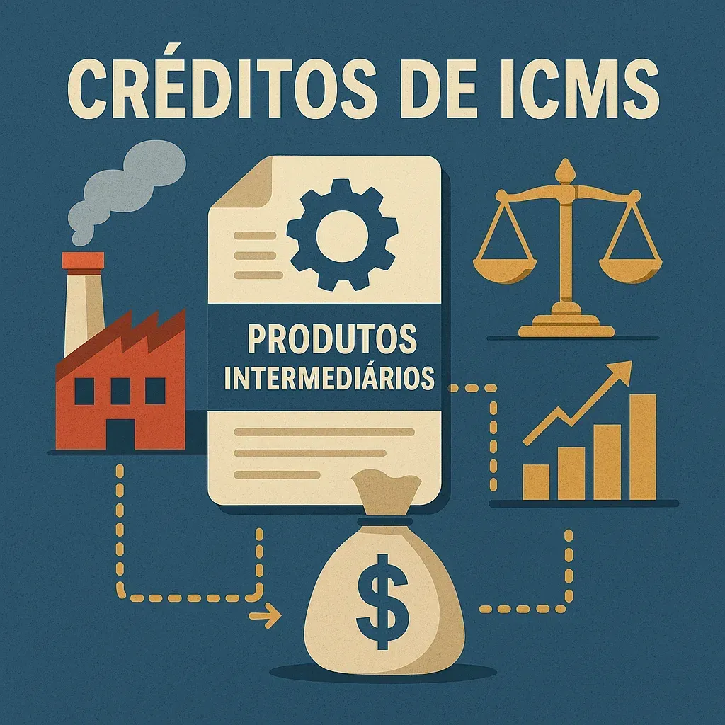 Crédito ICMS Uma ilustração de uma fábrica, balança da justiça e uma bolsa de dinheiro.