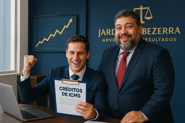 Crédito ICMS Dois homens de terno e gravata estão parados um ao lado do outro em frente a um laptop.