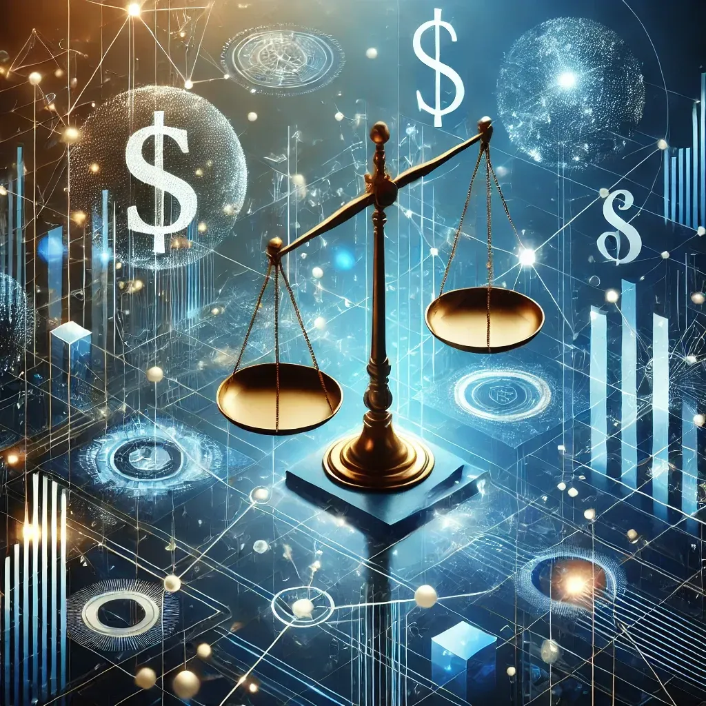 Transação Tributária Uma balança de justiça é cercada por cifrões e gráficos.