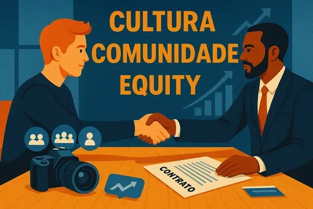 Dois homens apertando as mãos em frente a uma placa que diz cultura comunidade equidade
