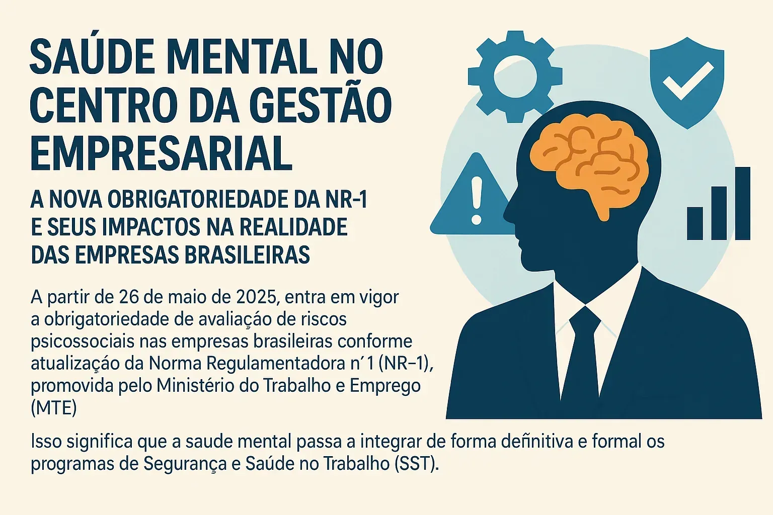 Nova NR-1 Uma ilustração de um homem de terno e gravata com um cérebro na cabeça.