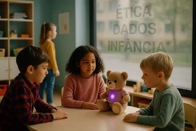 Um grupo de crianças está sentado à mesa com um ursinho de pelúcia.