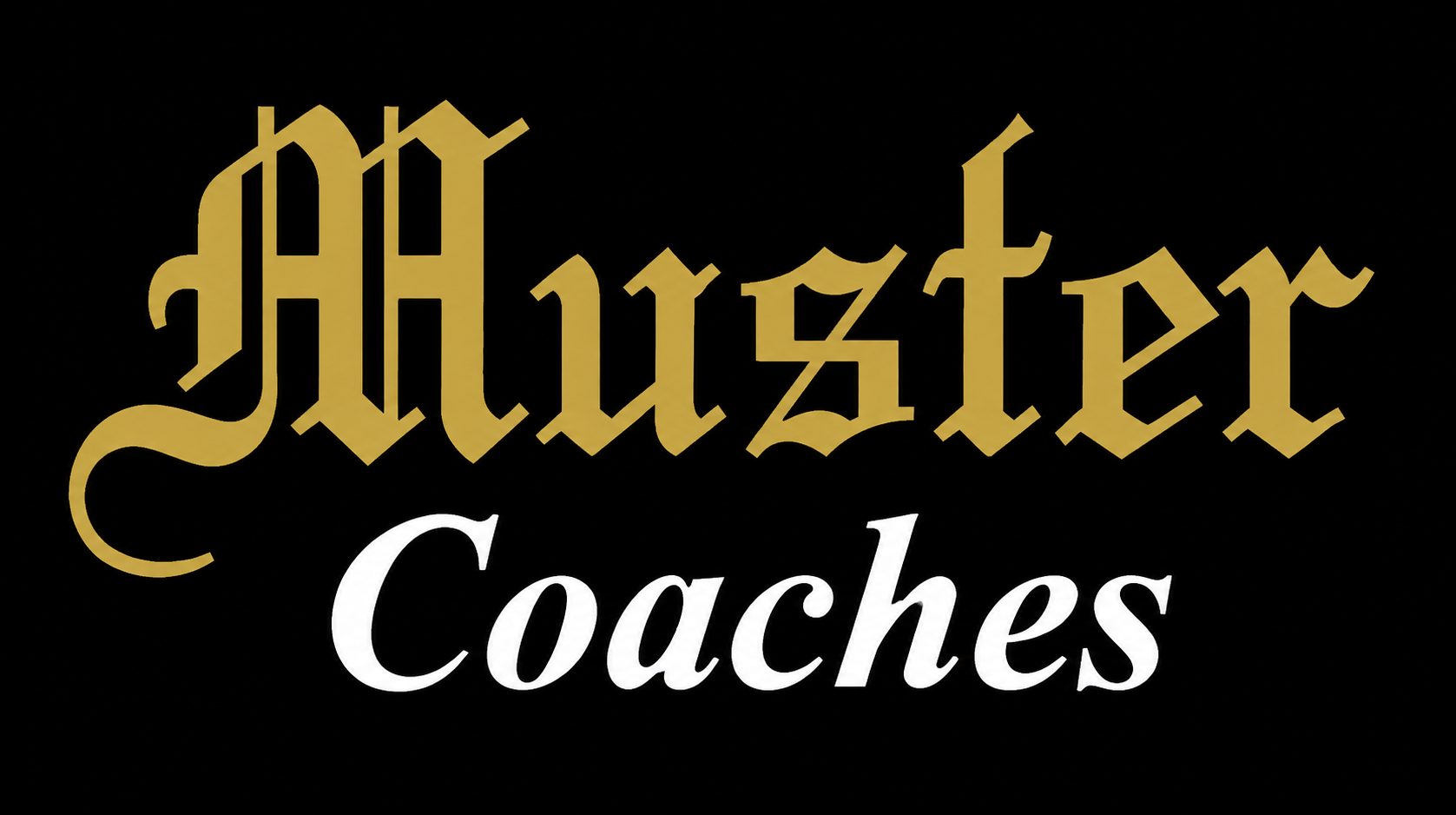 Muzter Coaches logo in gold and white text on a black background