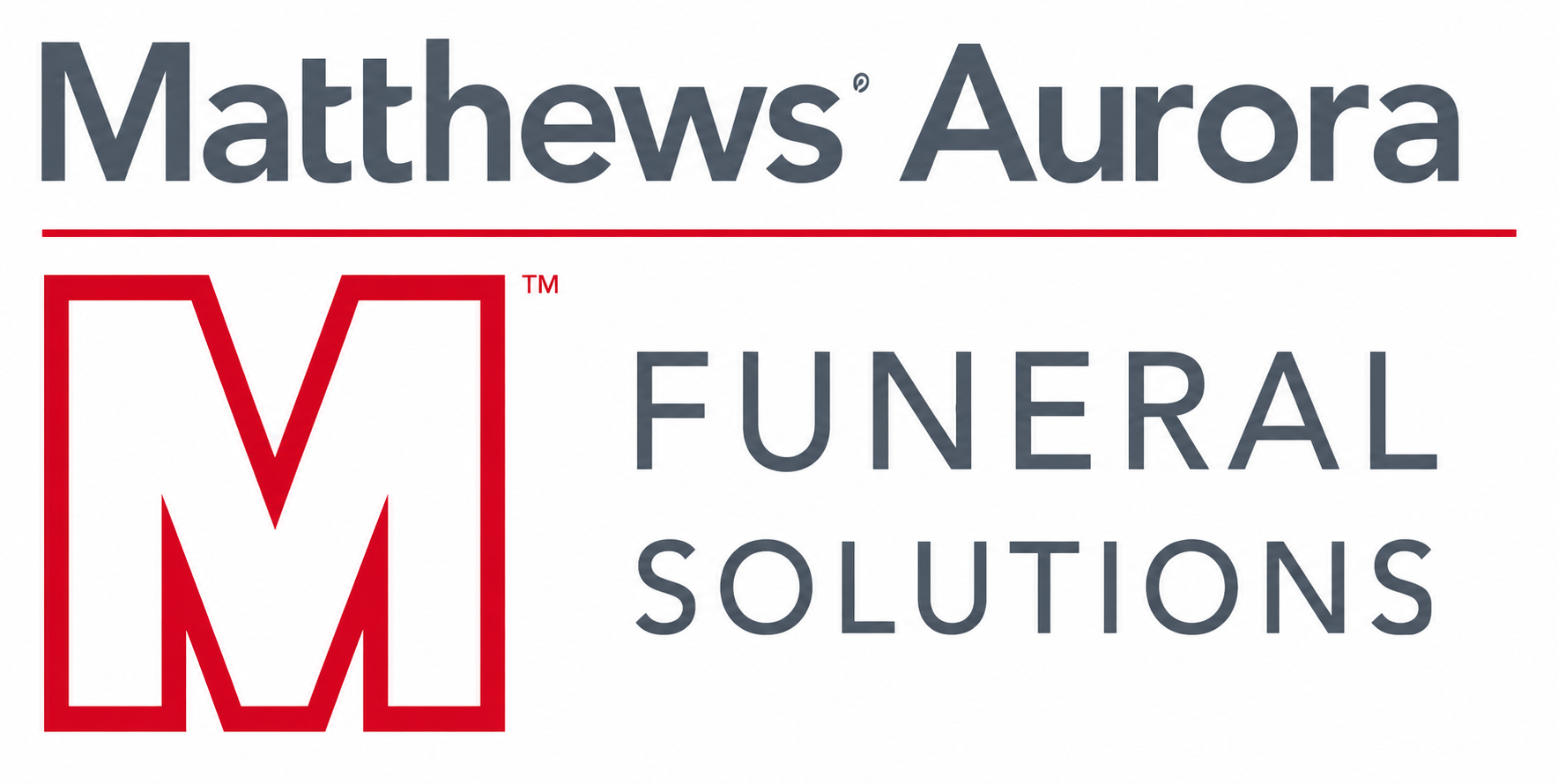 Matthews Aurora Funeral Solutions logo in gray and red on white background