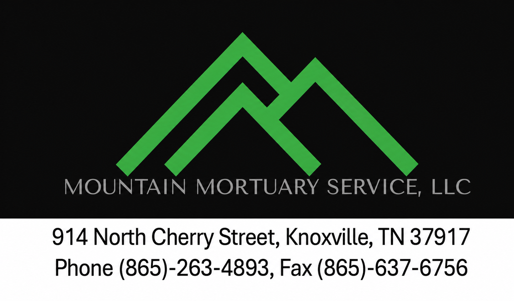 Mountain Mortuary Service, LLC logo with green mountains and contact info in Knoxville, TN