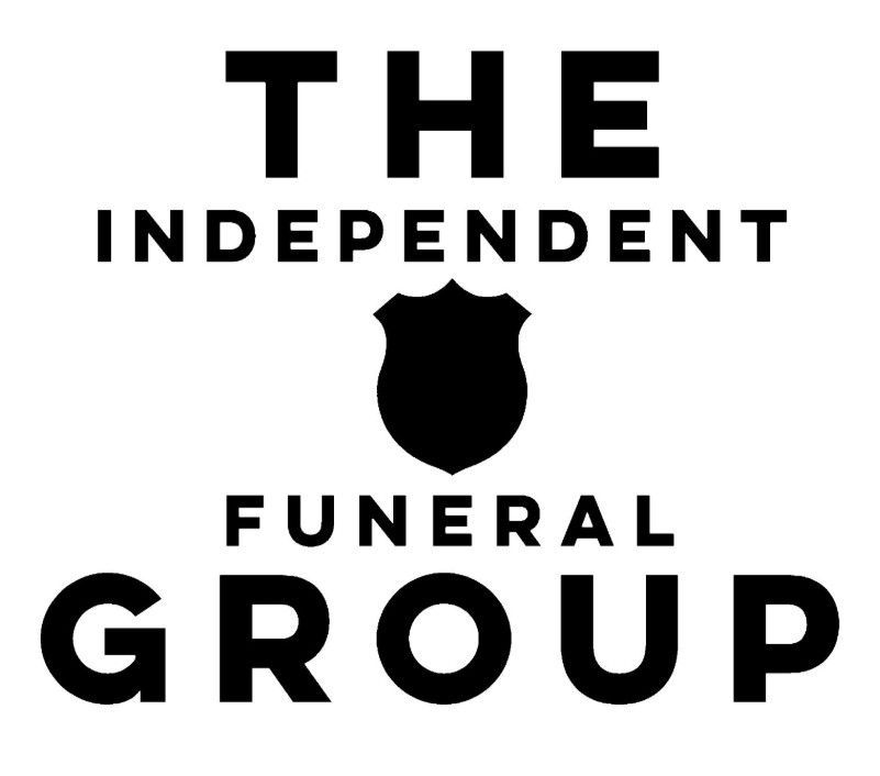 Logo for The Independent Funeral Group in black text with a shield emblem on a white background