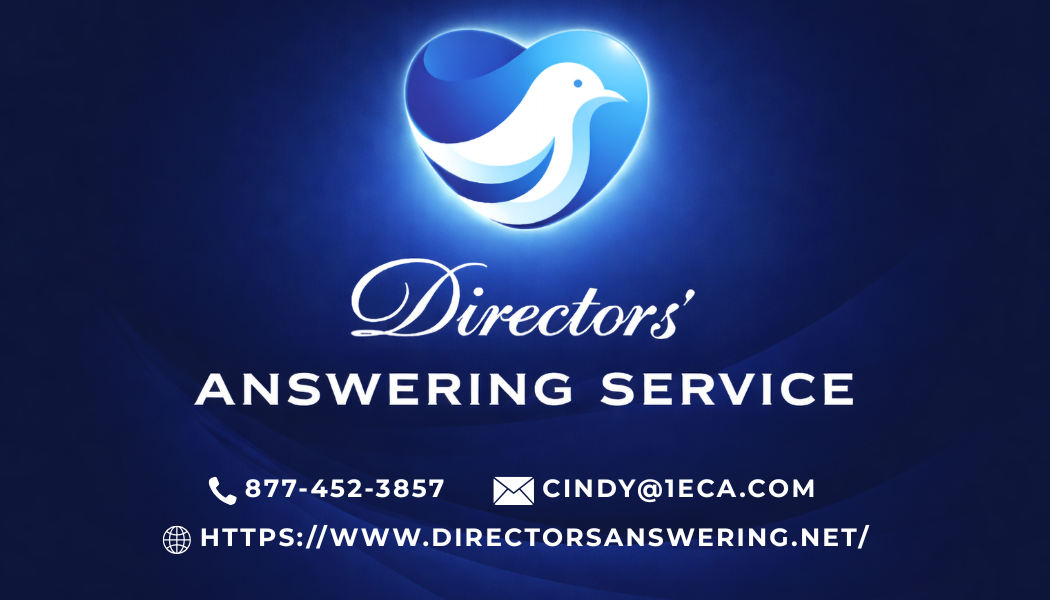 Director's Answering Service business card with Cindy Hutchinson, contact info, and blue bird logo