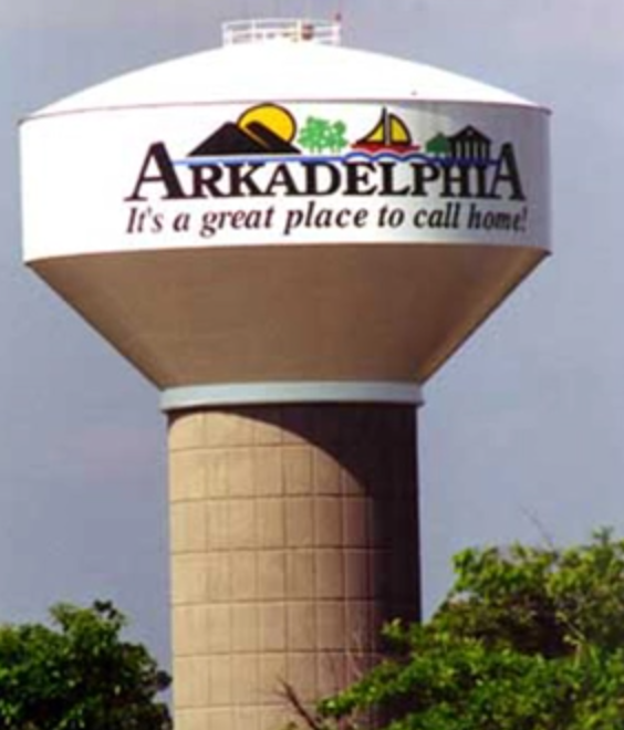 A water tower says arkadelphia it 's a great place to call home