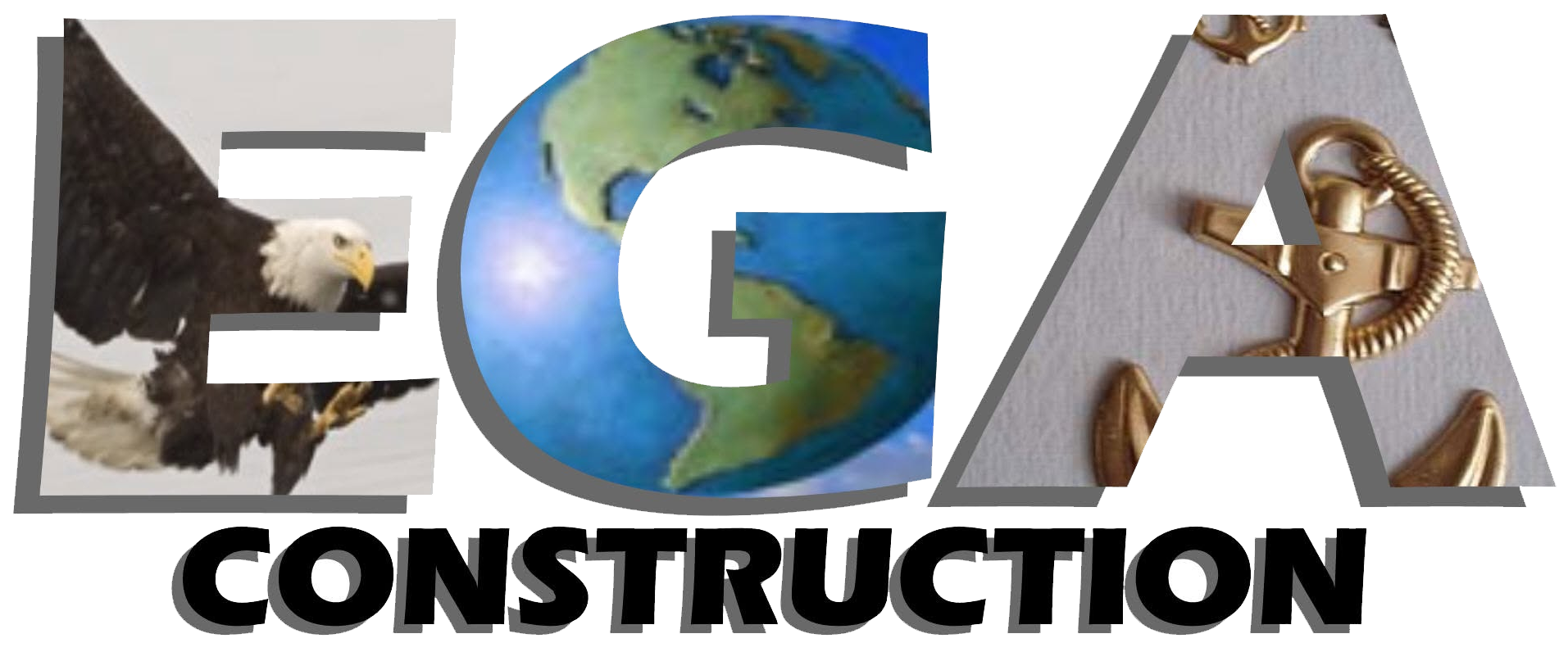 EGA Construction logo with large metallic letters and bold black “CONSTRUCTION” text