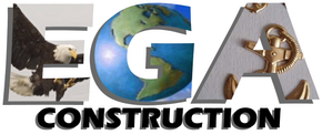 EGA Construction logo with large metallic letters and bold black &ldquo;CONSTRUCTION&rdquo; text