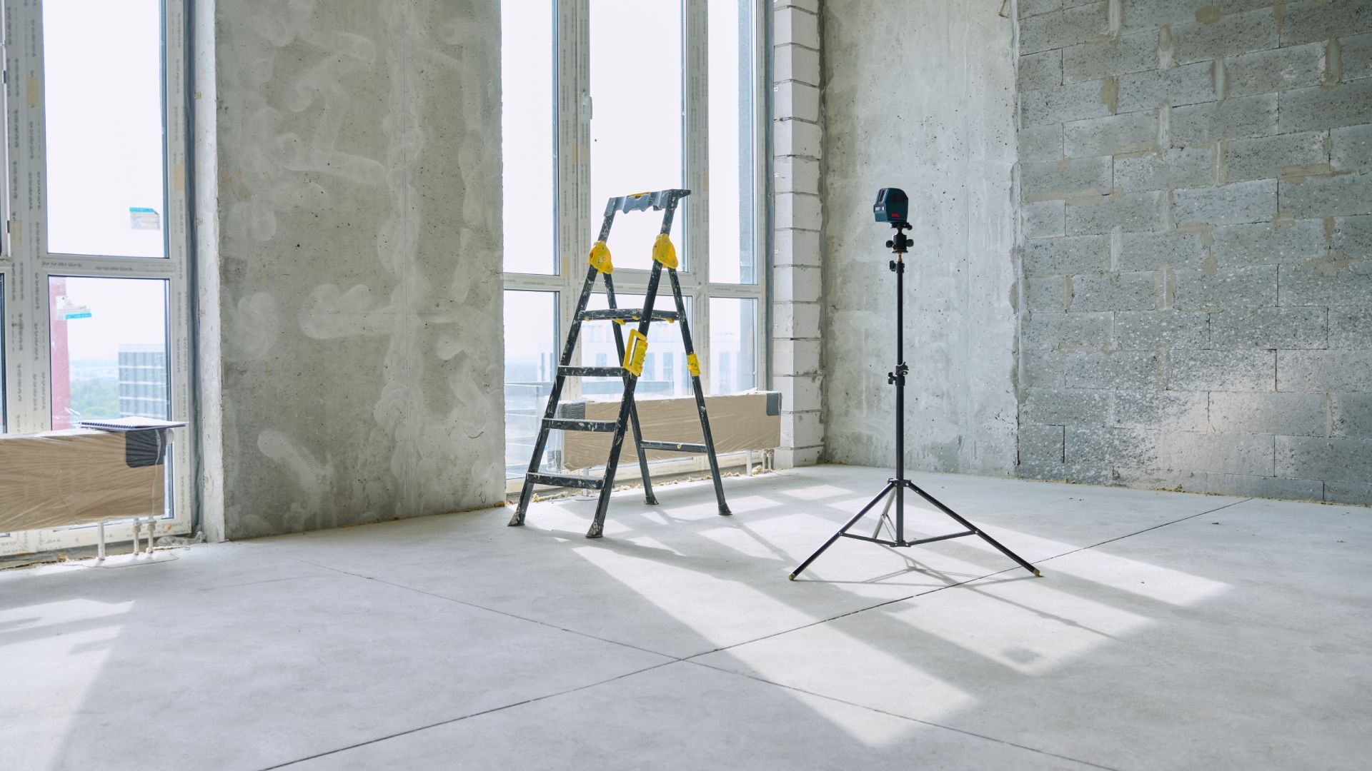 An empty room with a ladder and a tripod in it.