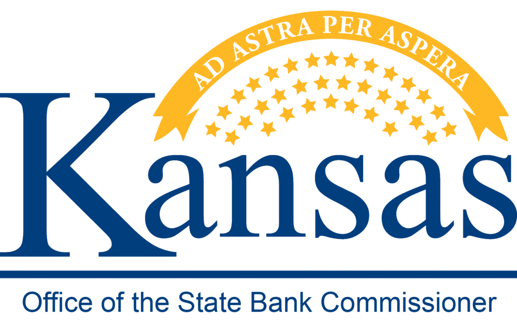 Kansas Office of the State Bank Commissioner logo with blue text and gold stars over a sunburst.
