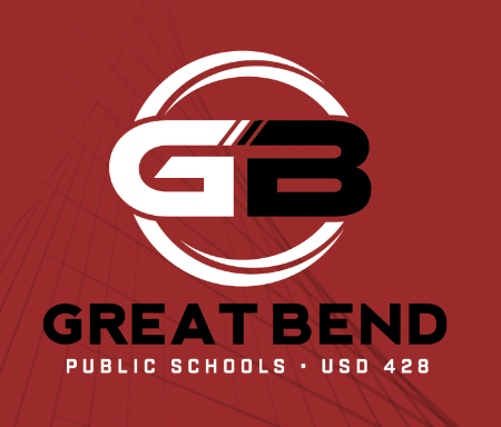 Great Bend Public Schools USD 428 logo on a red background, with white and black “GB” lettering