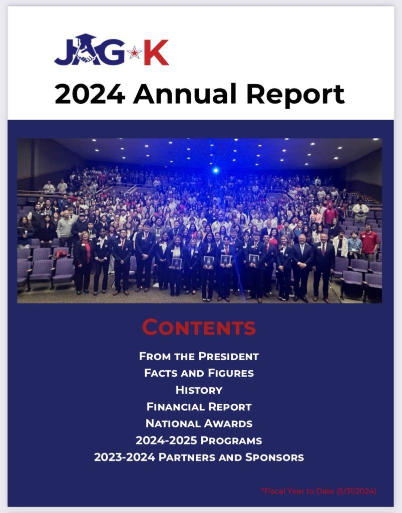 2024 annual report cover with a blue-lit group photo and contents list under the title
