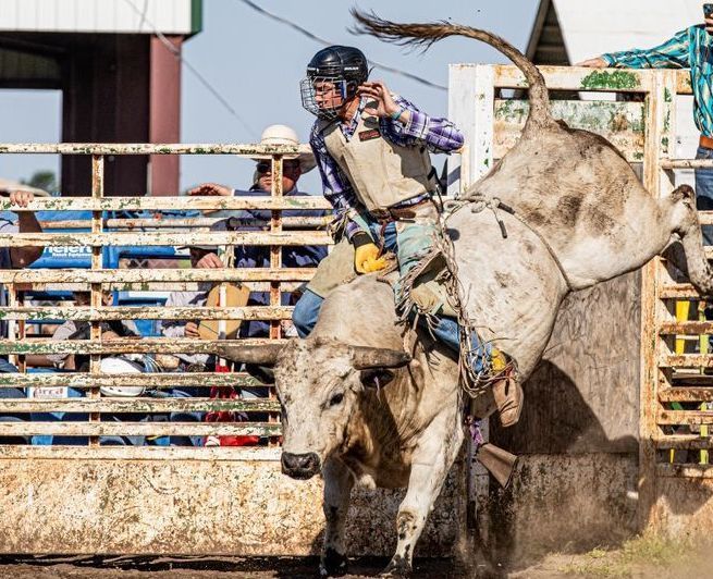 Bull rider in helmet and vest clinging to a bucking bull in a rodeo arena.