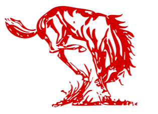 Red sketch of a horse or wolf head with flowing mane, facing left on a white background