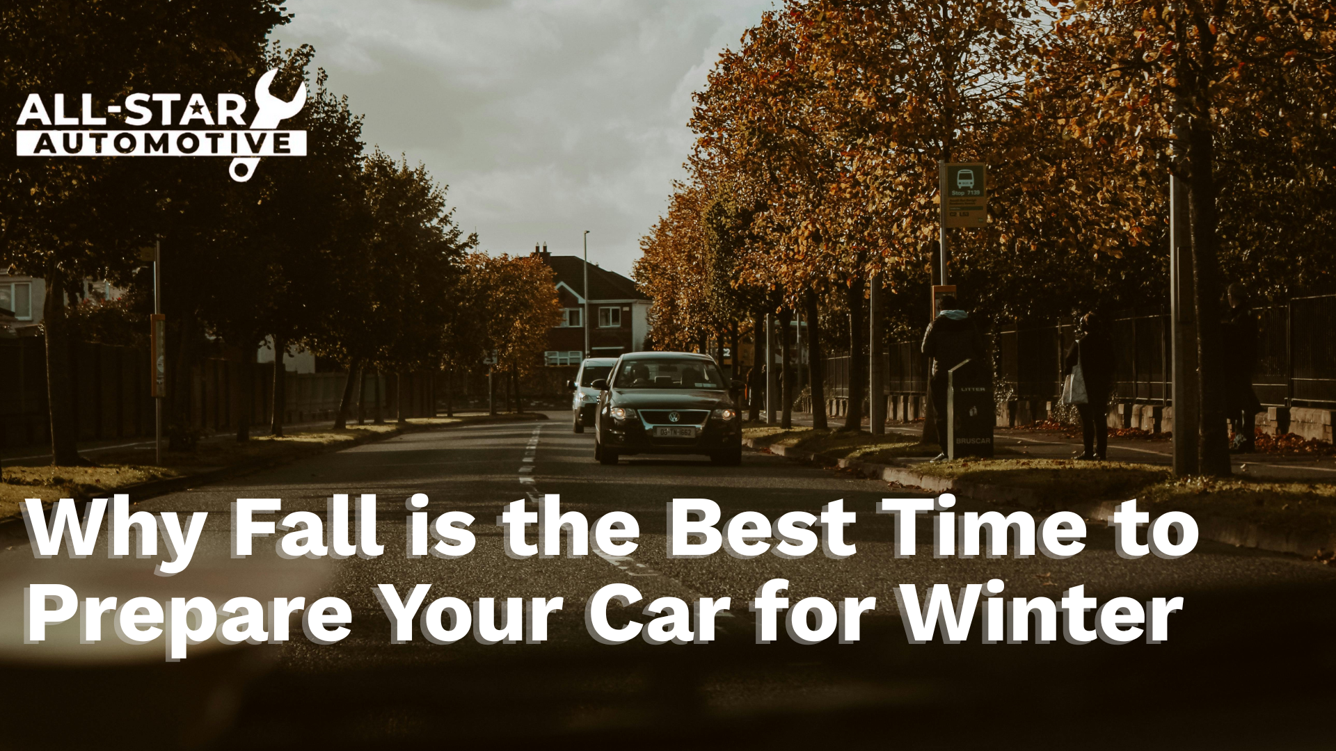 Graphic includes car driving in fall weather with title  