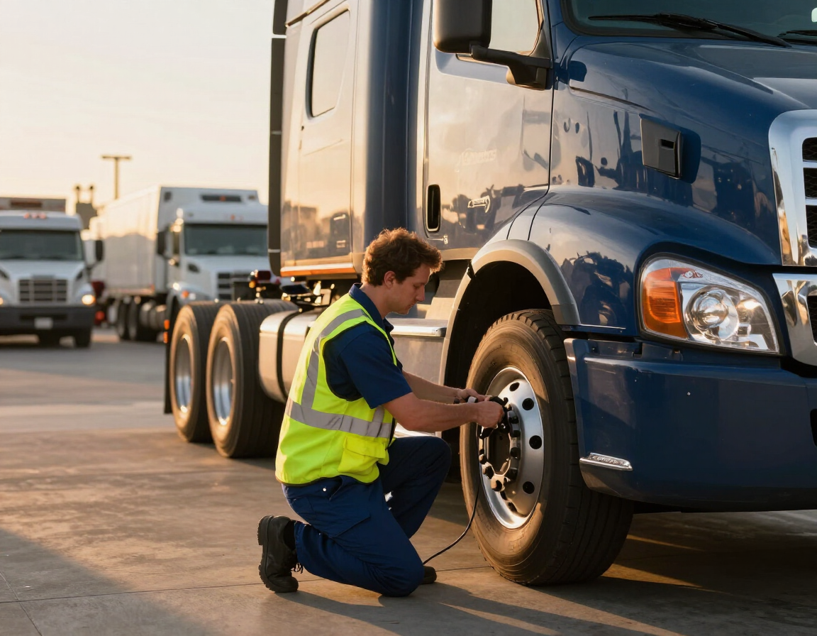Mechanic kneeling beside a blue semi-truck, inspecting the front wheel in a parking lot at sunset