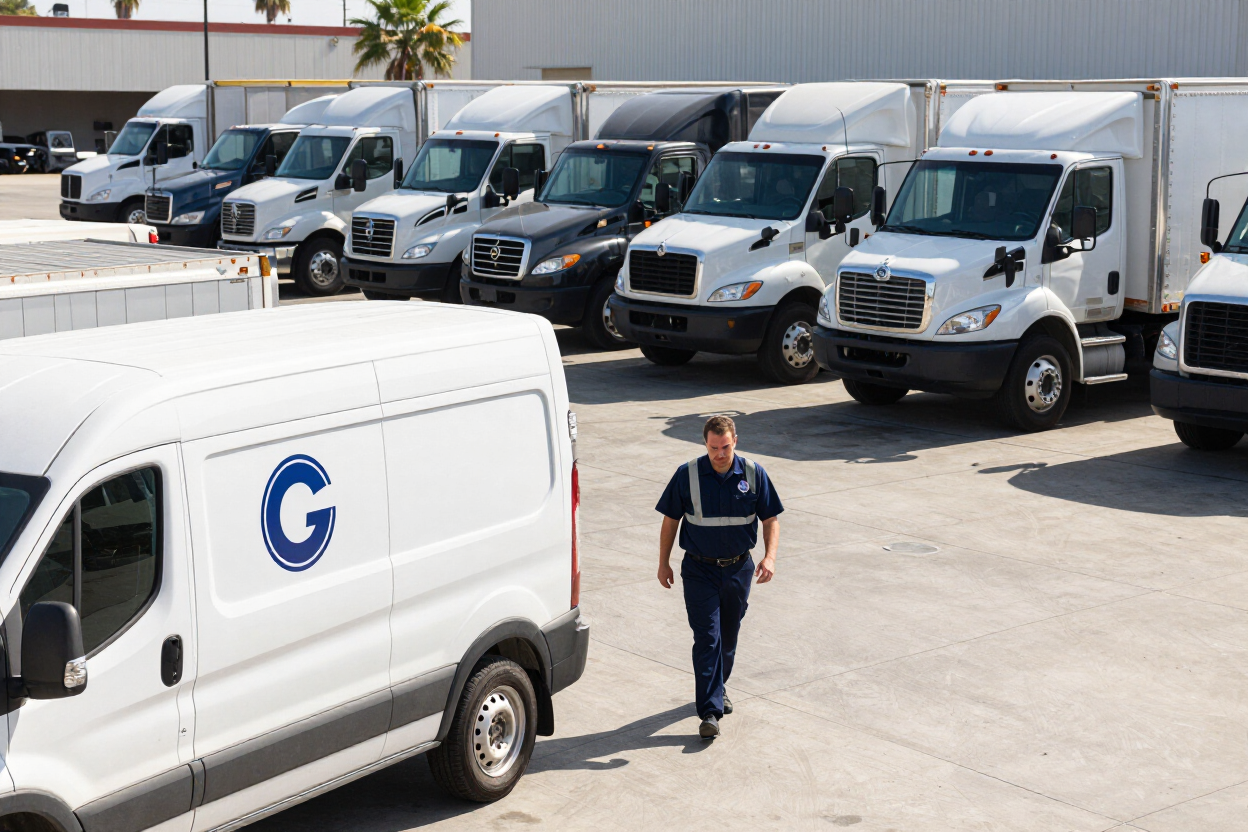 White delivery vans parked in a lot, with one driver walking in front of them.