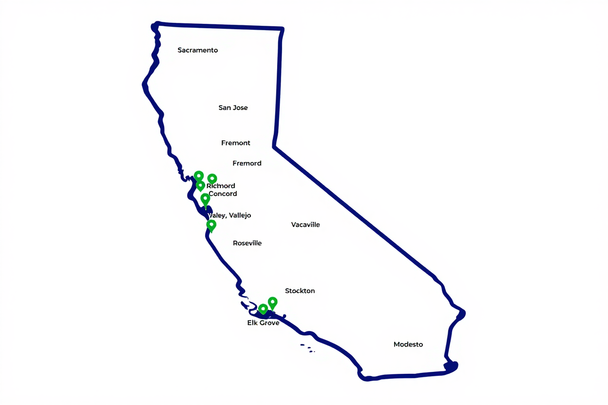 Map of California with green markers along the west coast