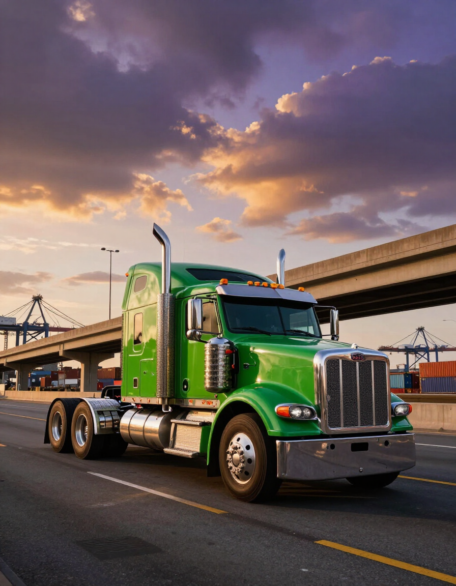 Green semi-truck driving on a road under an overpass at sunset