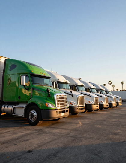 Green semi-truck parked with several white trucks in a row on a lot at sunset