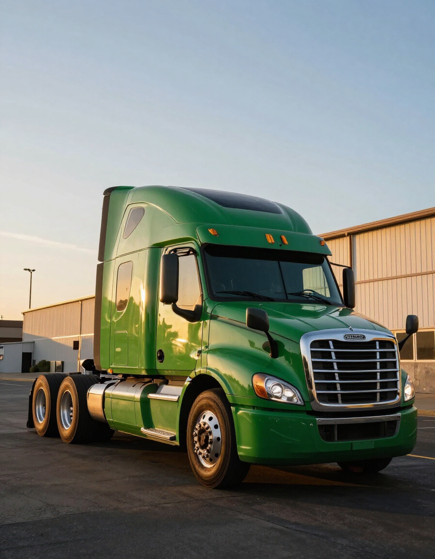 Green semi-truck parked outside industrial buildings at sunset