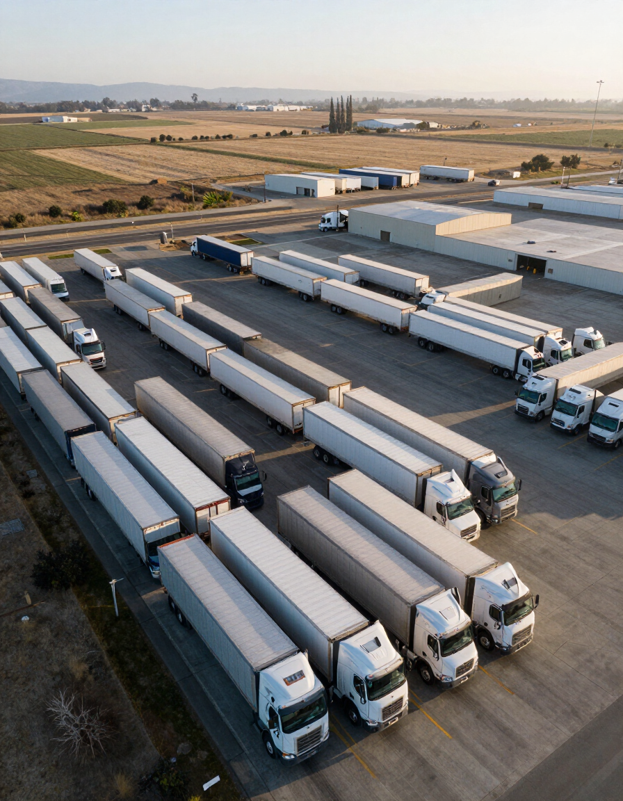 Aerial view of many white semi-trucks parked in rows at a logistics depot beside open fields.