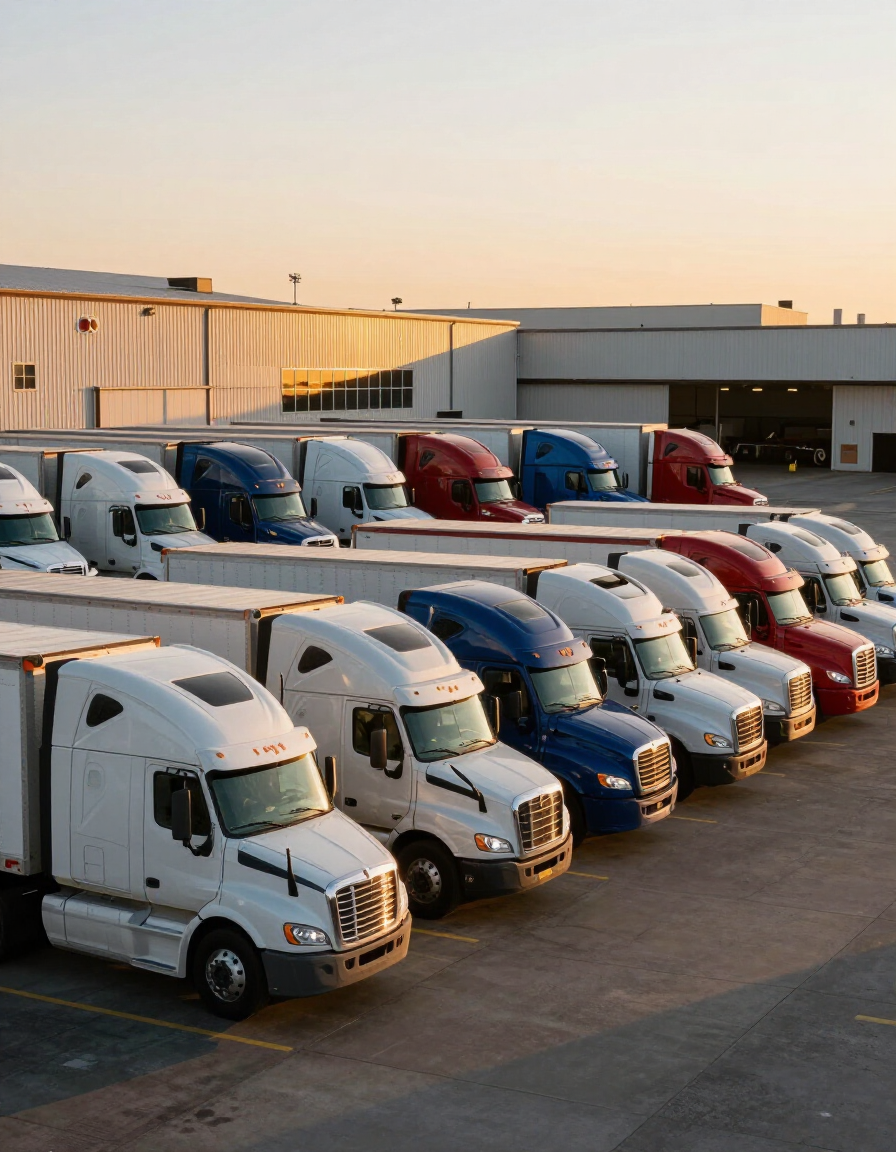 Rows of white, blue, and red semi trucks parked outside a warehouse at sunset