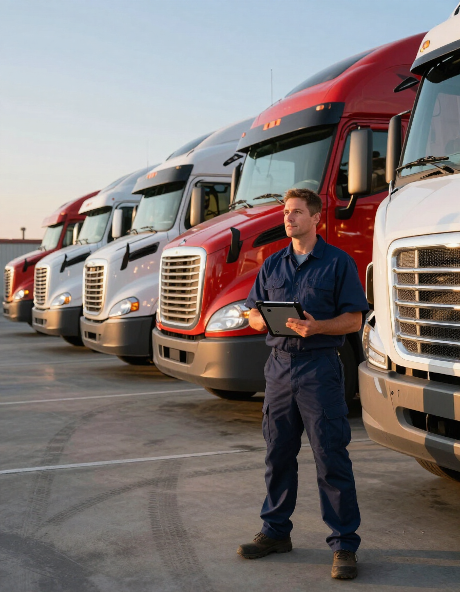 Row of parked semi trucks with a driver standing in front of them at a depot