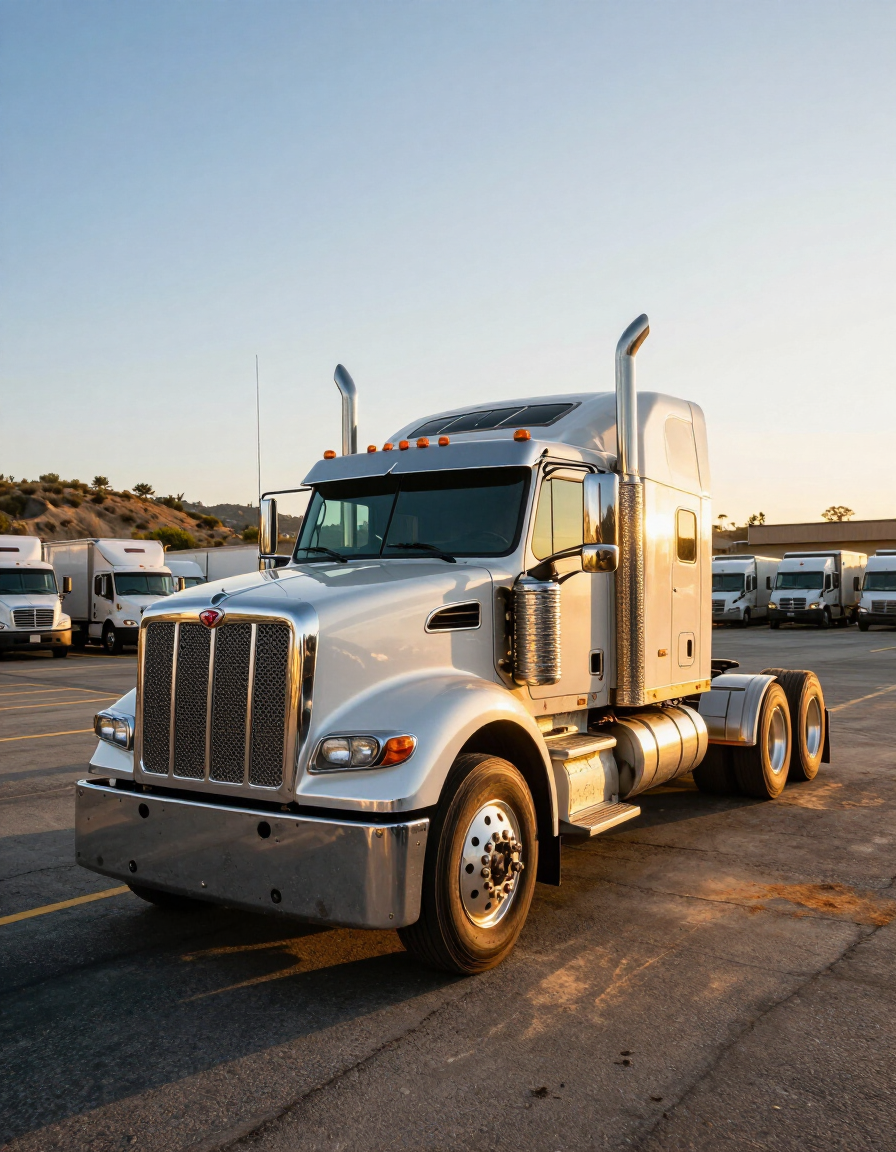 White semi truck parked in a lot at sunset, front-left view with chrome grille and trailer hitch