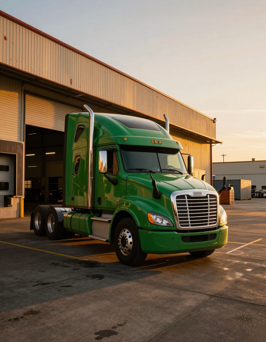 Green semi-truck parked outside an industrial warehouse at sunset.