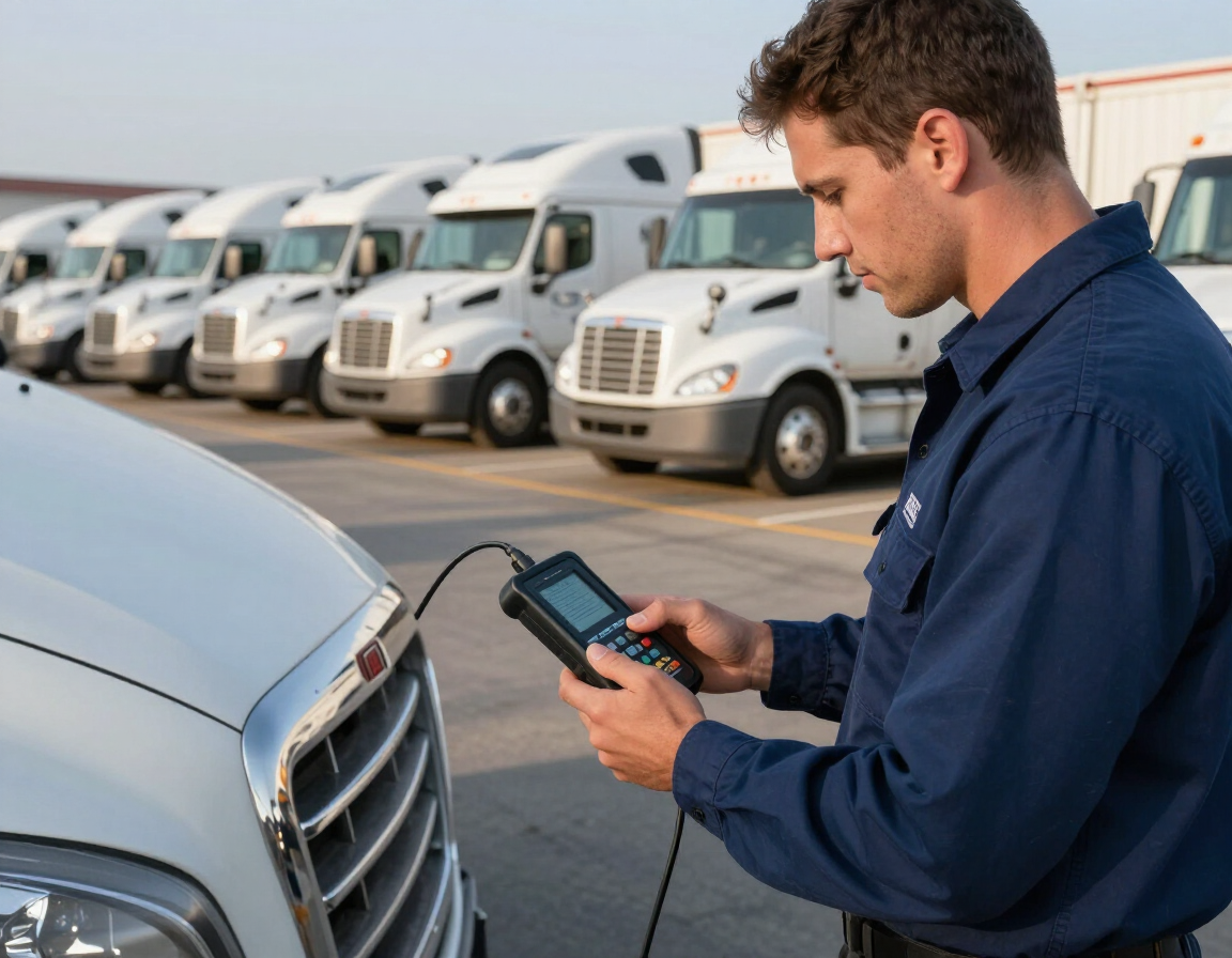 Man in blue shirt using a handheld device to inspect a white van in a parking lot with rows of vans behind it