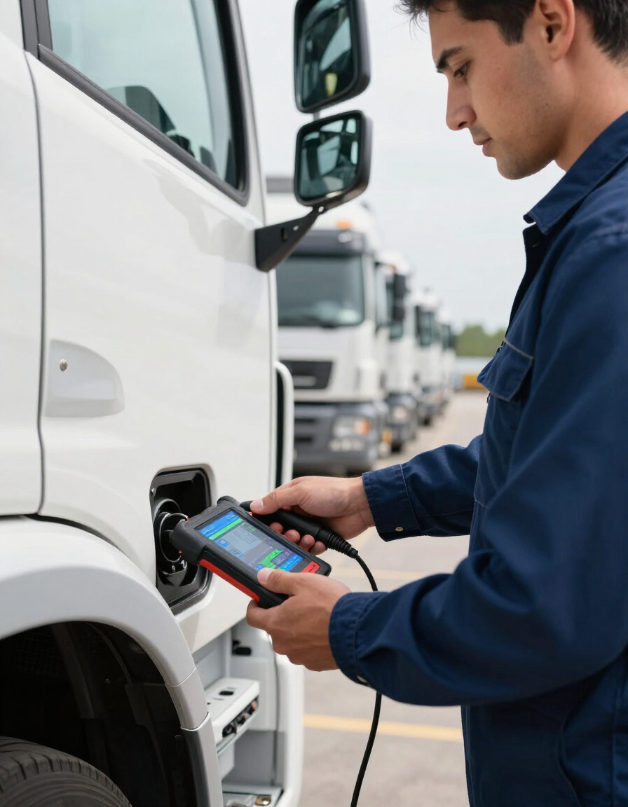 Technician using a handheld device to inspect a white truck