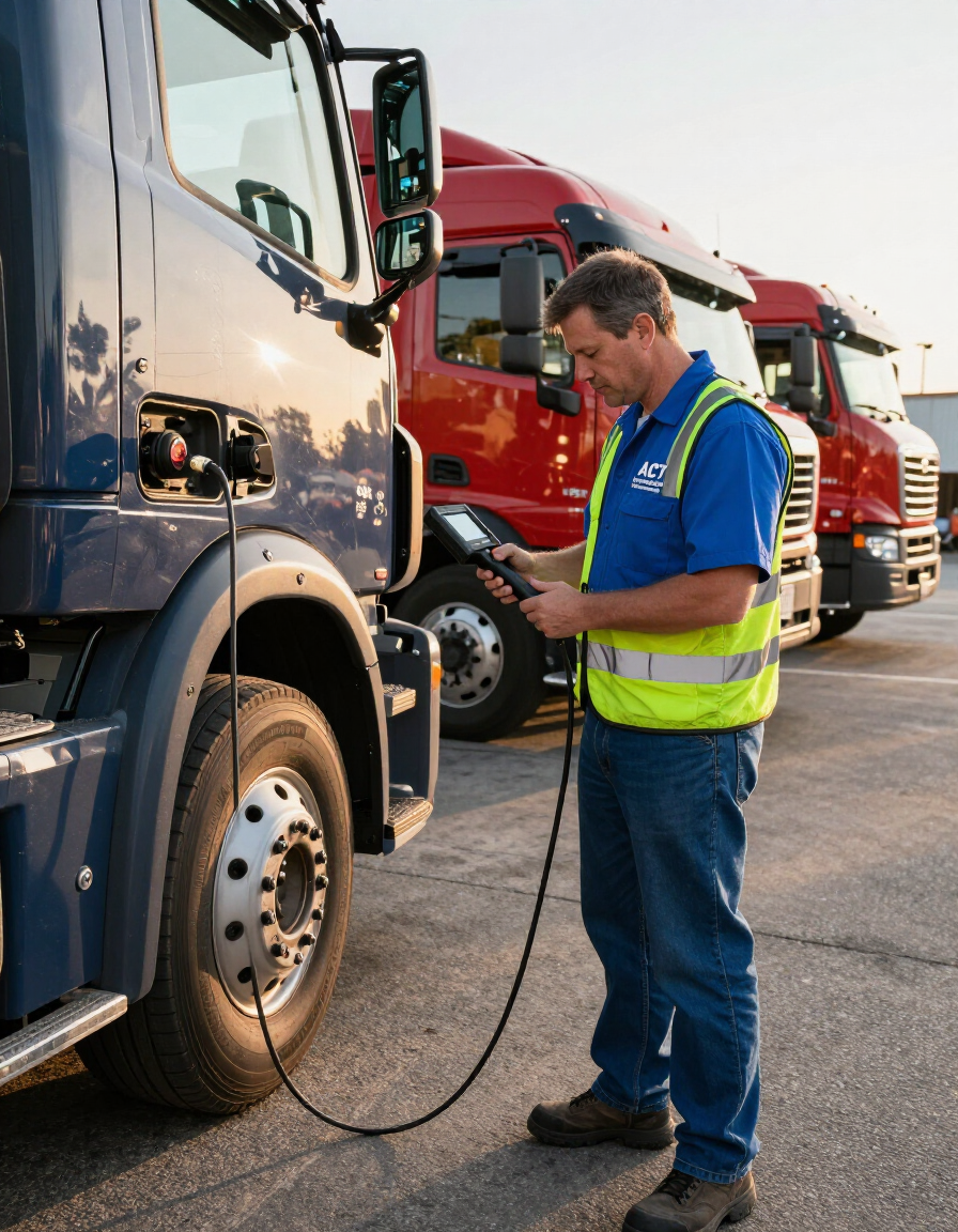 Truck driver inspecting a blue truck beside red trucks in a parking lot
