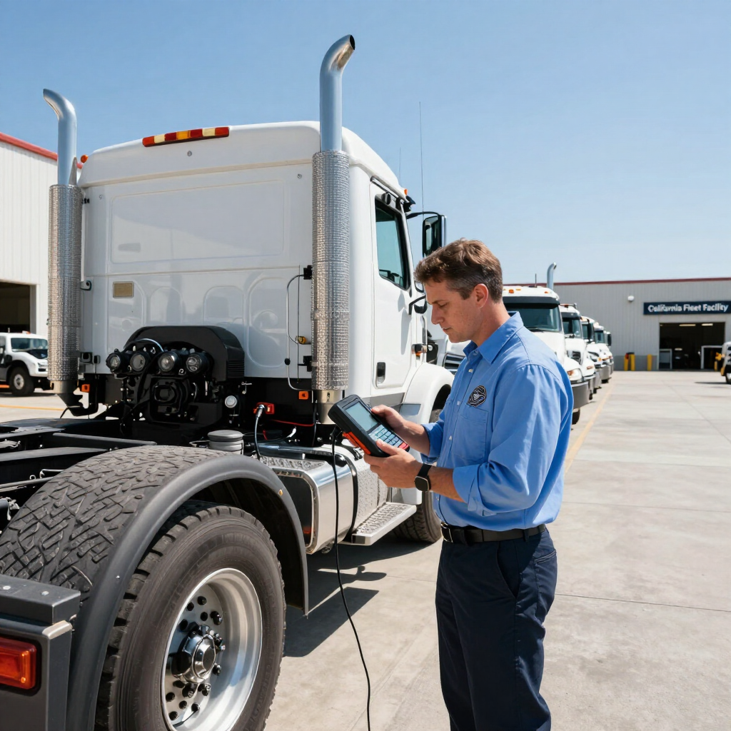 Mechanic inspecting white semi-truck with clipboard in a truck yard
