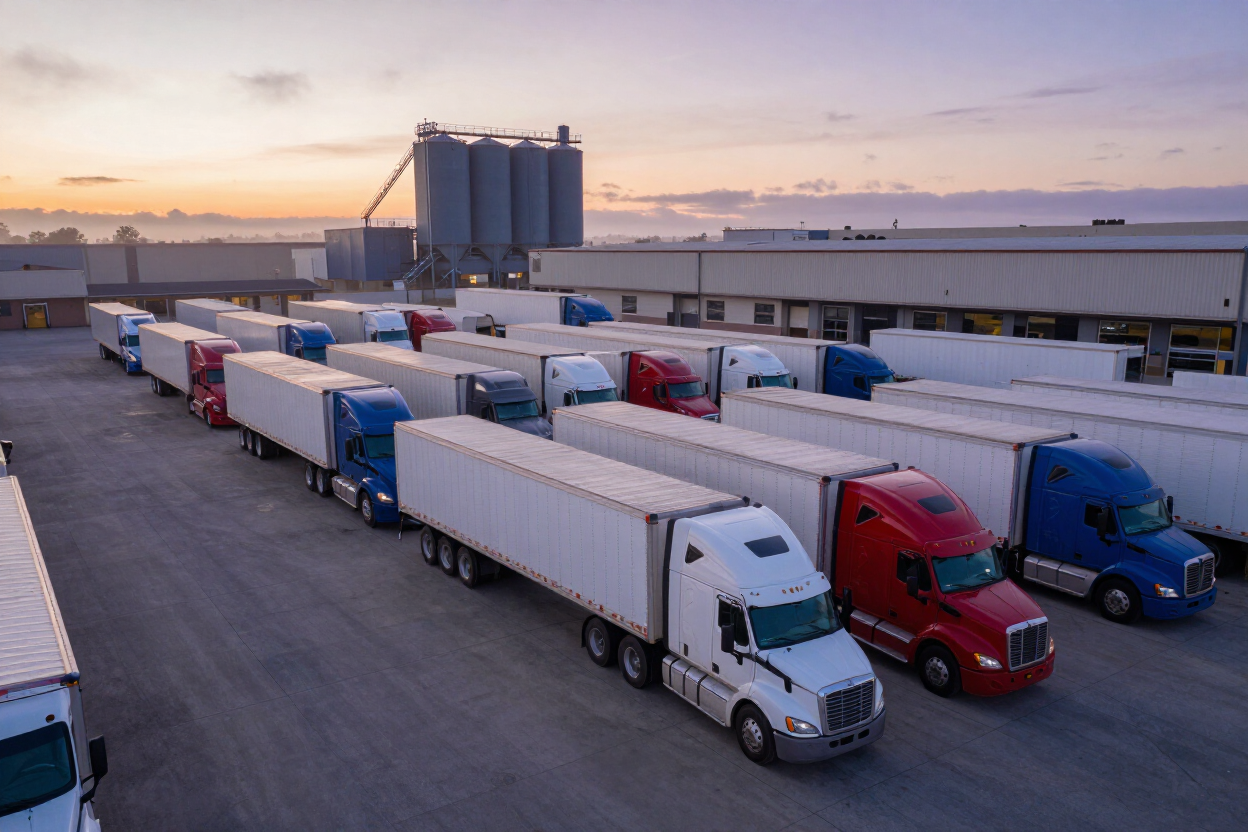 Row of semi trucks and trailers parked in an industrial lot at sunrise or sunset