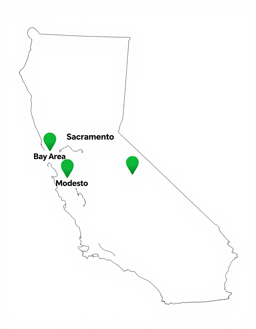 Map of California with green location pins near Bay Area, Sacramento, Modesto, and central California