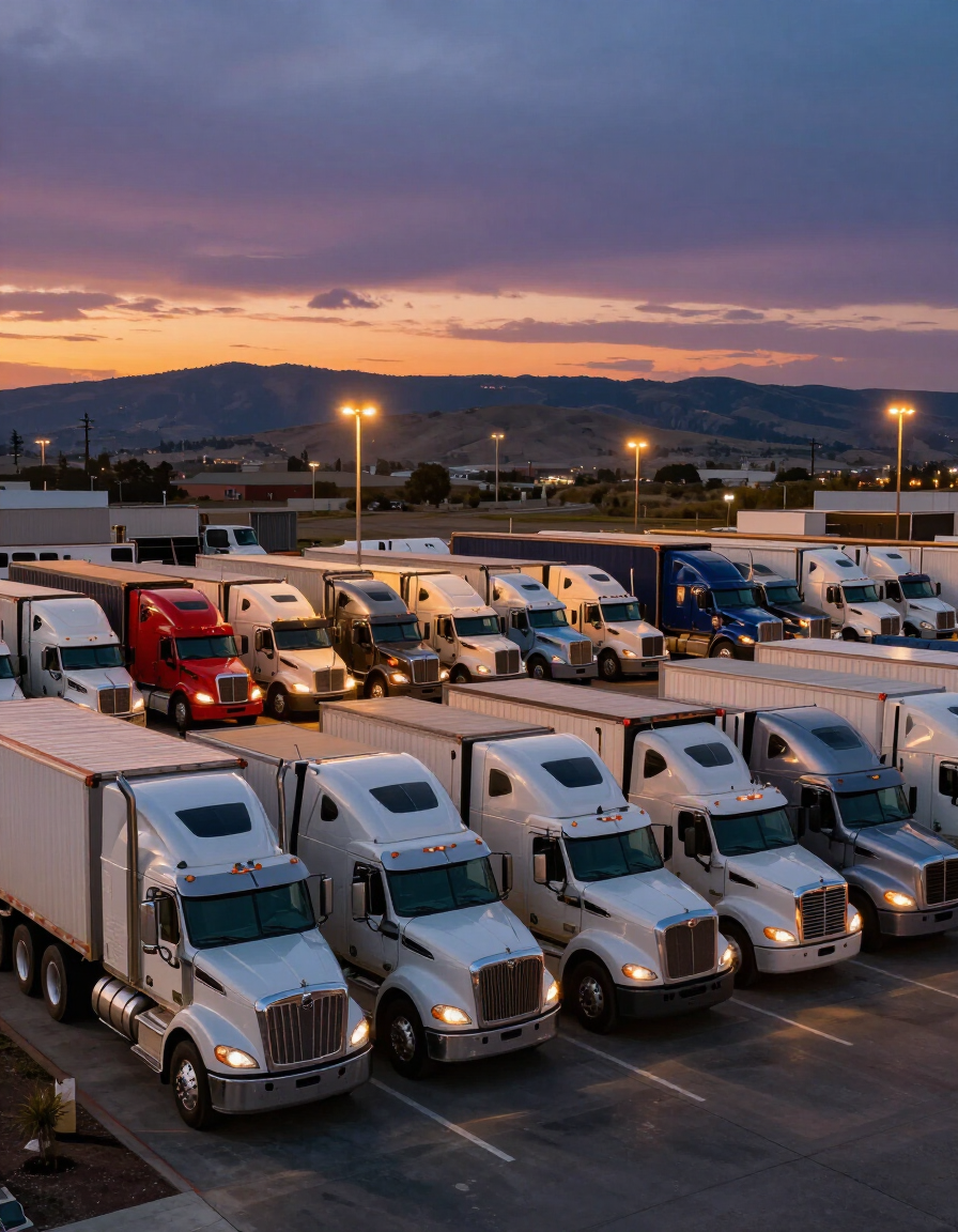 Row of white semi trucks parked in a lot at sunset, with lit streetlights and hills in the background
